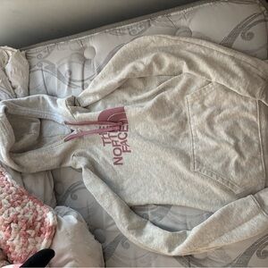 The North Face Light Gray Hoodie with Pink Logo